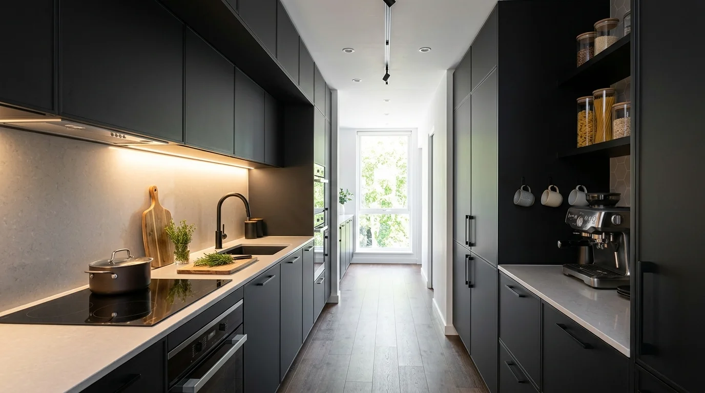 Modern galley kitchen with matte black cabinetry, under-cabinet lighting, and minimalist hardware for a bold space-saving design no people