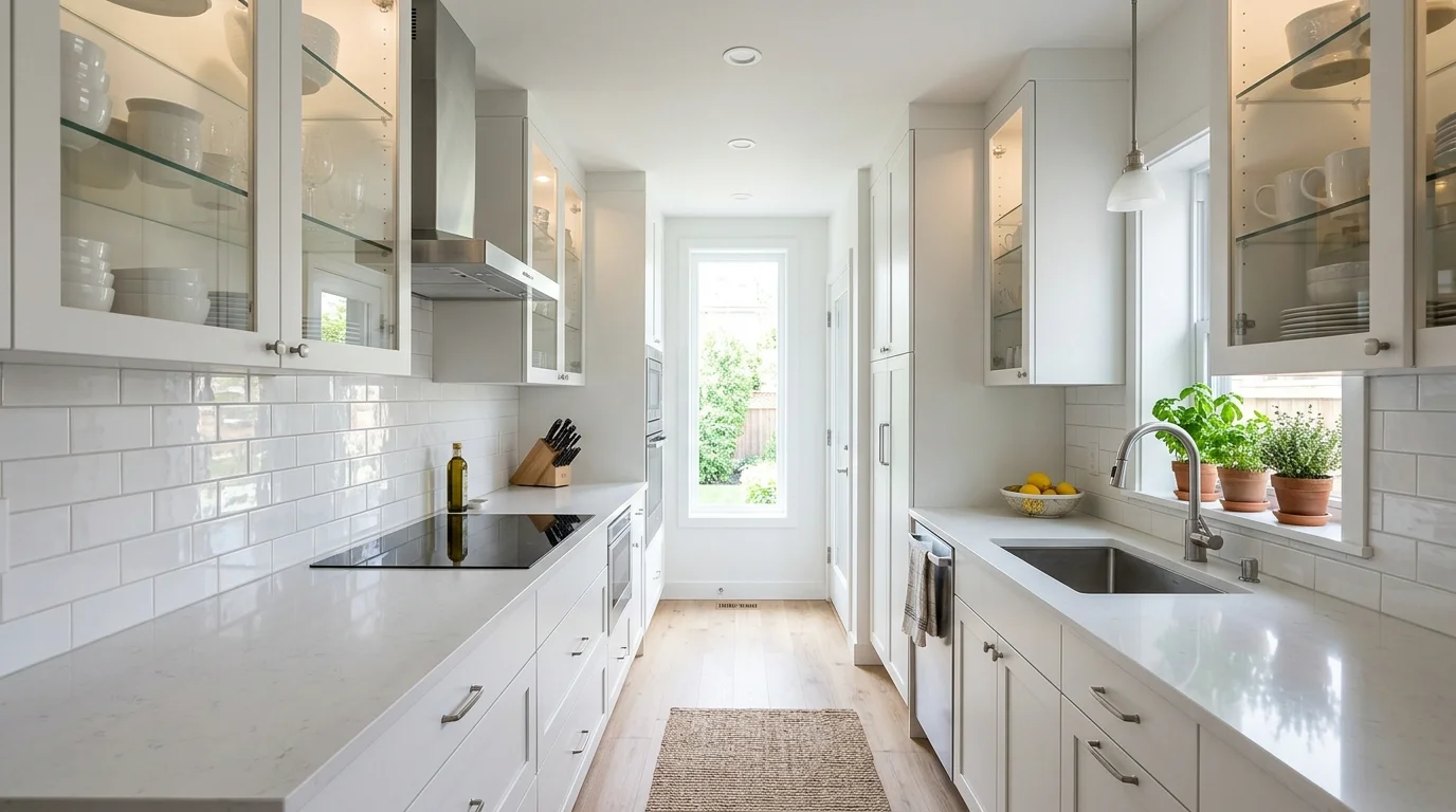 Bright narrow kitchen with white walls, reflective backsplash, and glass-front cabinets to visually expand the space no people