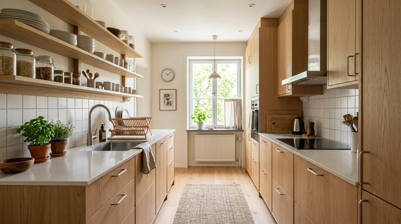 Scandinavian galley kitchen with light wood cabinets, open shelving, and simple decor for airy functional cooking layout no people