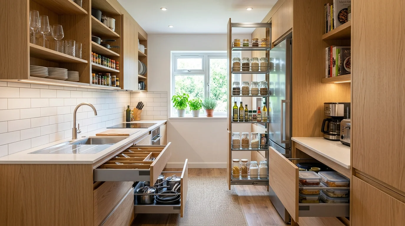 Compact galley kitchen with smart storage solutions, pull-out drawers, and vertical shelving for maximum efficiency no people