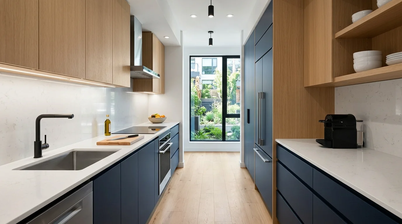 Contemporary galley kitchen with two-tone cabinets, slim profile appliances, and streamlined workflow for modern functionality no people