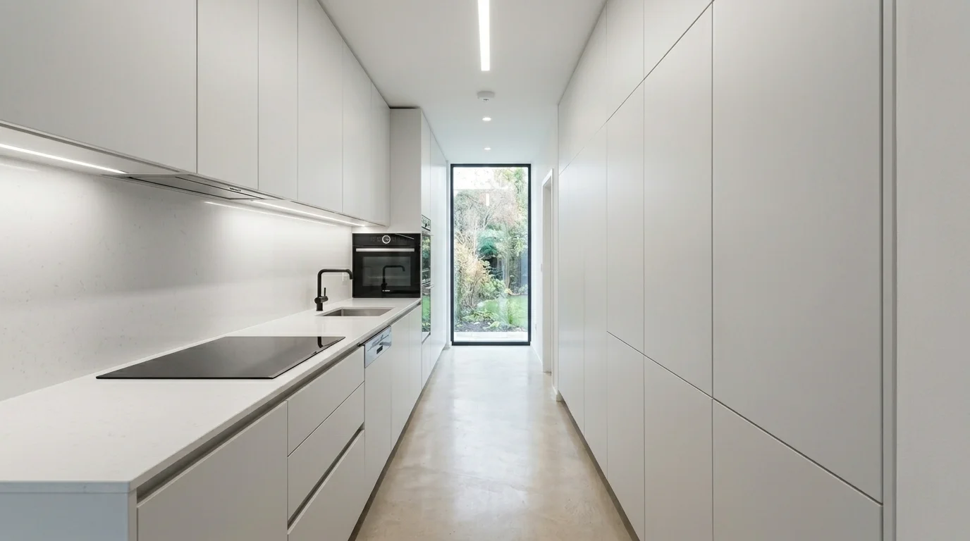 Minimalist galley kitchen with handleless cabinets, hidden storage, and uncluttered surfaces for sleek narrow design no people