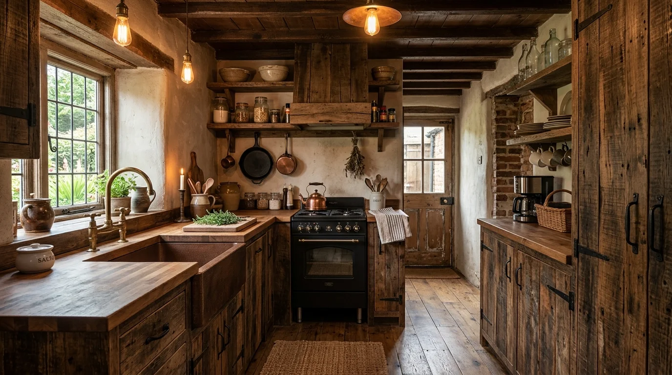 Rustic galley kitchen with reclaimed wood cabinets, warm lighting, and natural textures for cozy compact cooking space no people