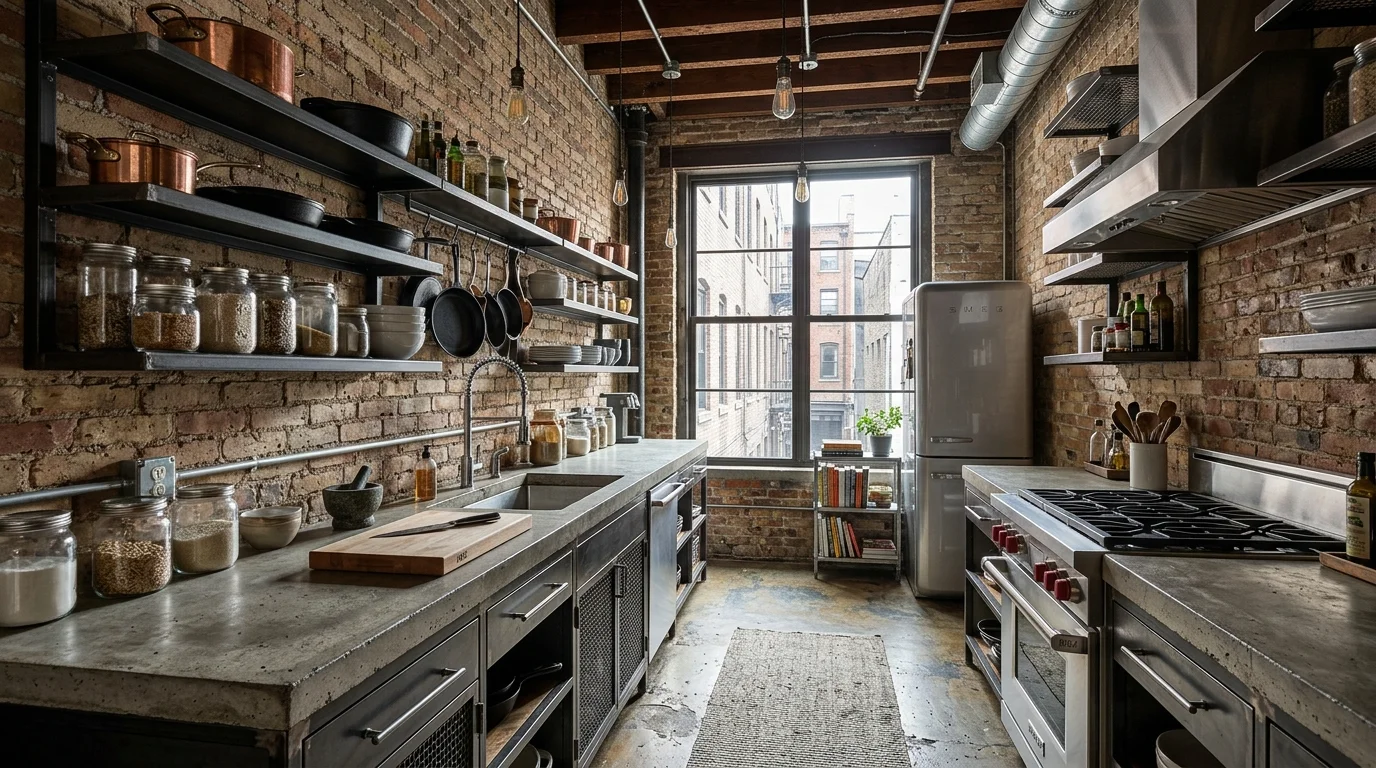 Industrial galley kitchen with exposed brick walls, metal shelving, and concrete counters for edgy narrow layout no people