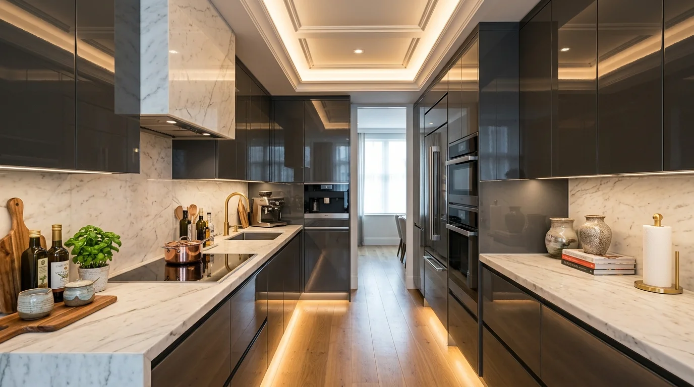 Luxury galley kitchen with marble countertops, glossy cabinets, and ambient lighting for upscale compact cooking experience no people