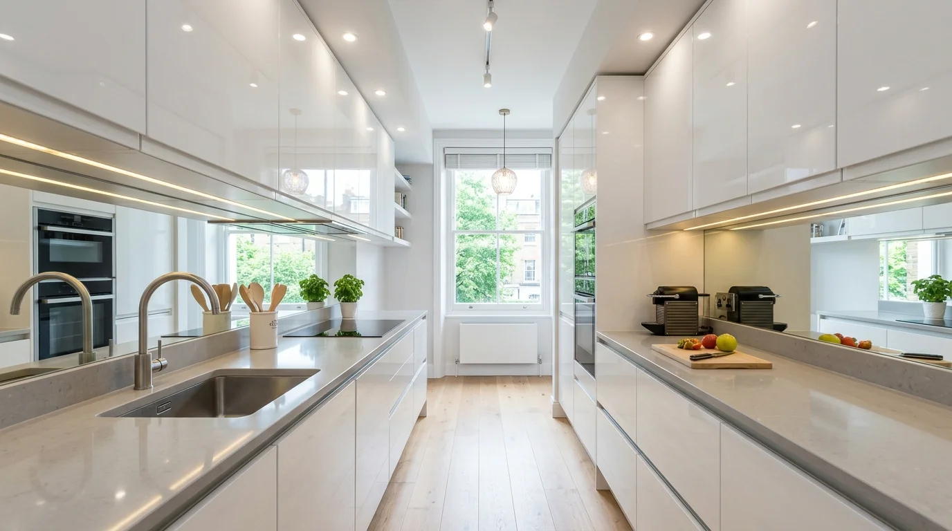 Space-enhancing galley kitchen with mirrored backsplash, light color palette, and strategic lighting for open airy feel no people