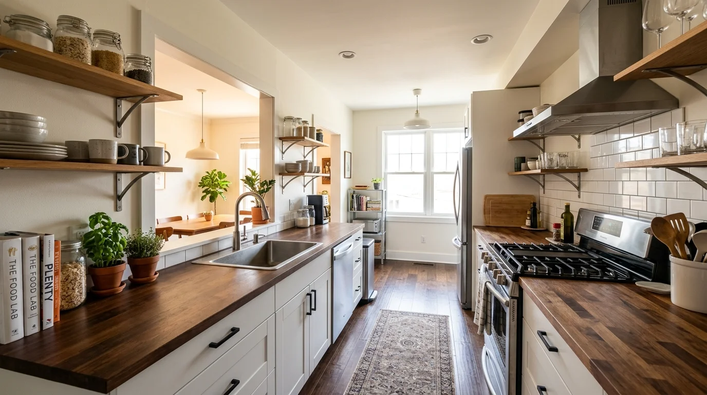 Functional galley kitchen with pass-through window, open shelving, and efficient layout for improved flow and connectivity no people