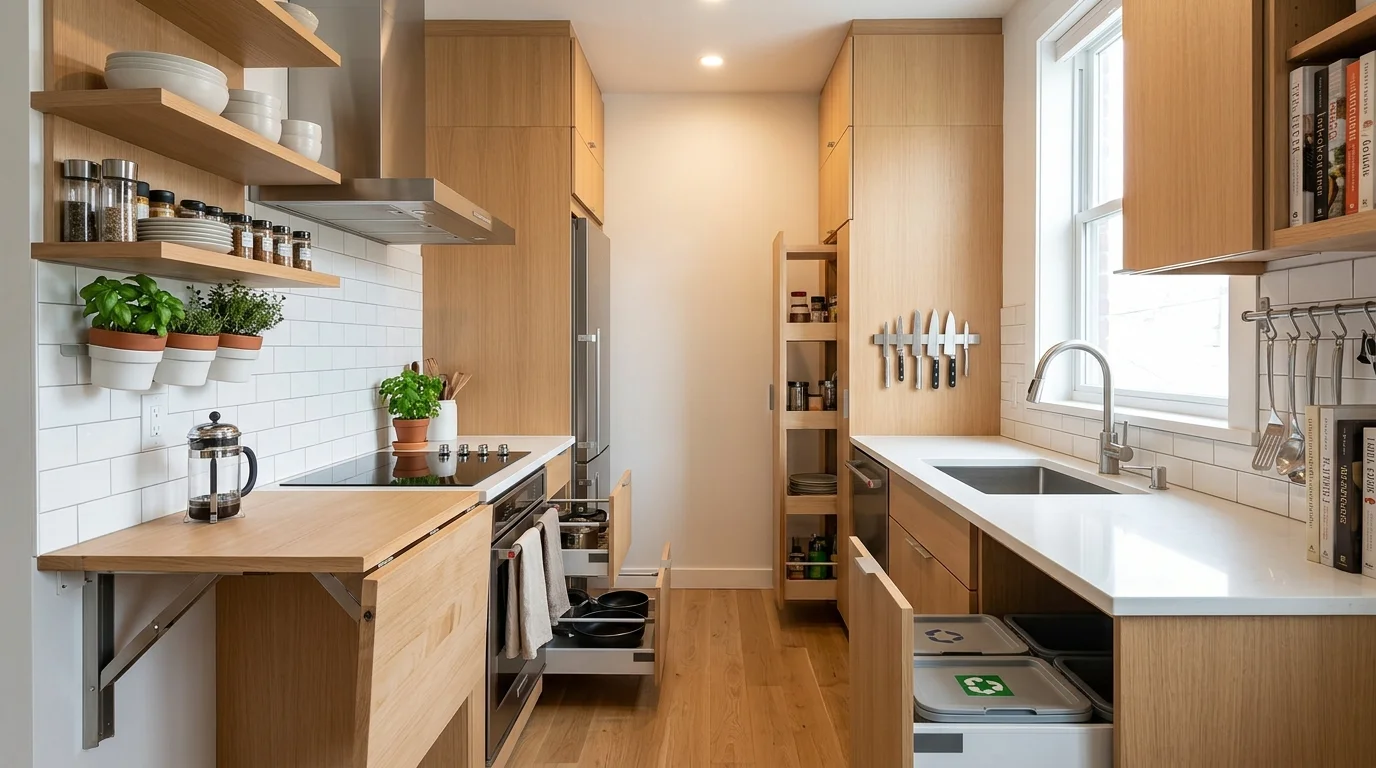 Small galley kitchen with foldable prep surfaces, slim appliances, and multi-use storage for highly optimized narrow cookspace no people