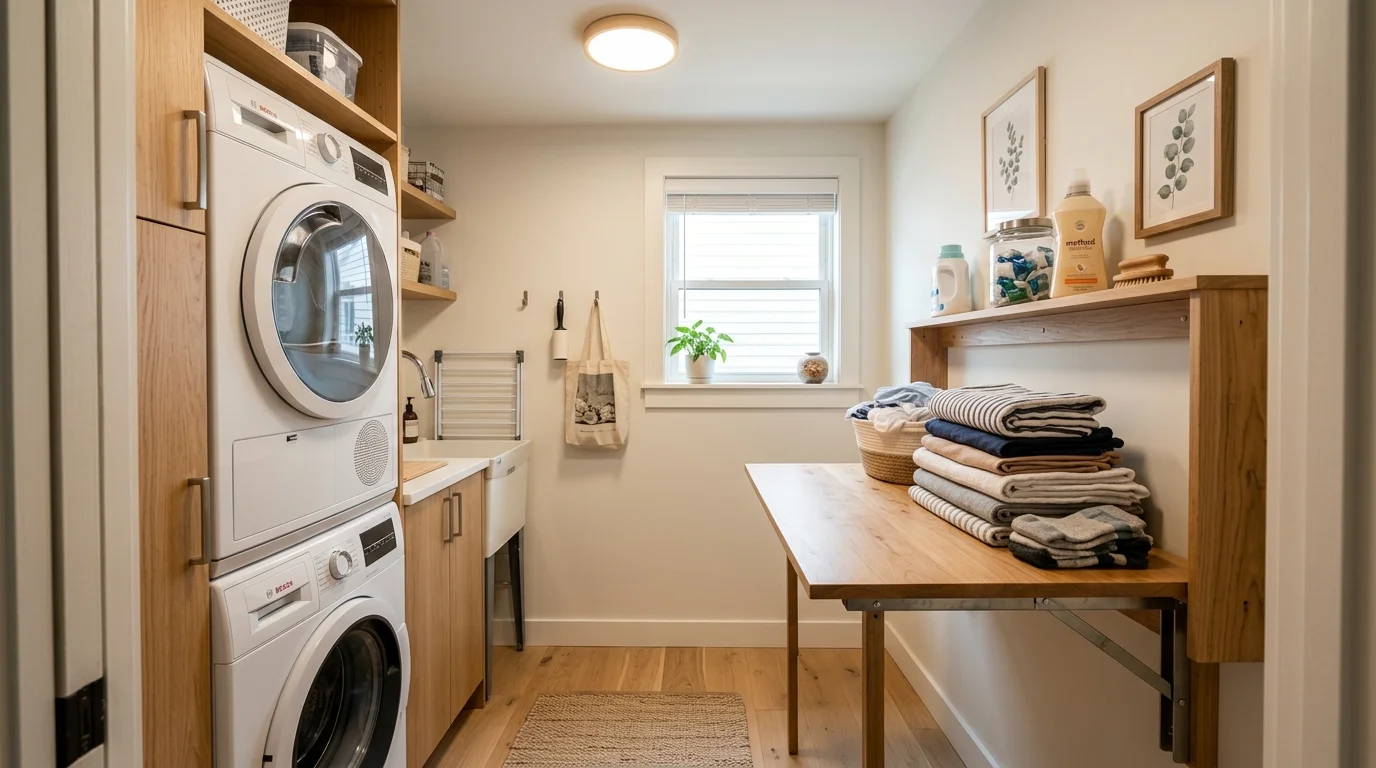 A small laundry room with a fold down wall mounted table used for folding clothes soft lighting practical space saving design no people