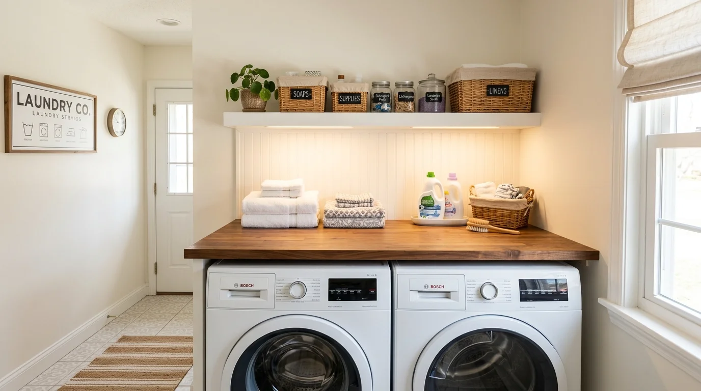 A laundry nook with a wooden countertop installed over front load machines used as a folding station bright lighting functional cozy setup no people