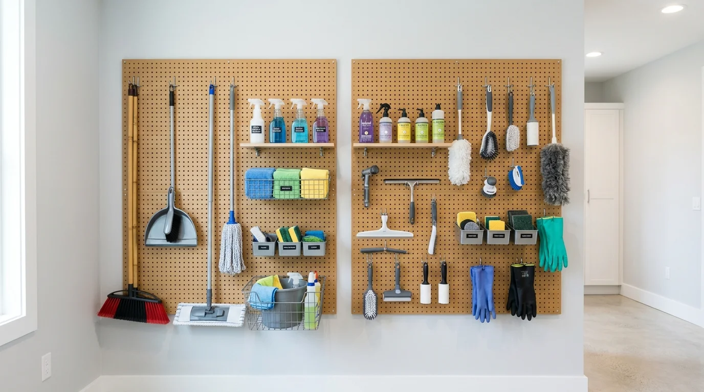 A wall with pegboard storage holding cleaning tools supplies and accessories neatly arranged bright lighting customizable efficient design no people