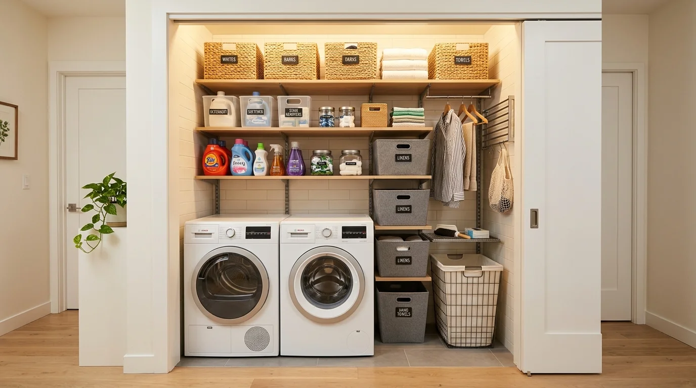 A compact laundry closet with sliding doors open to reveal organized bins baskets and shelves soft lighting efficient hidden storage no people
