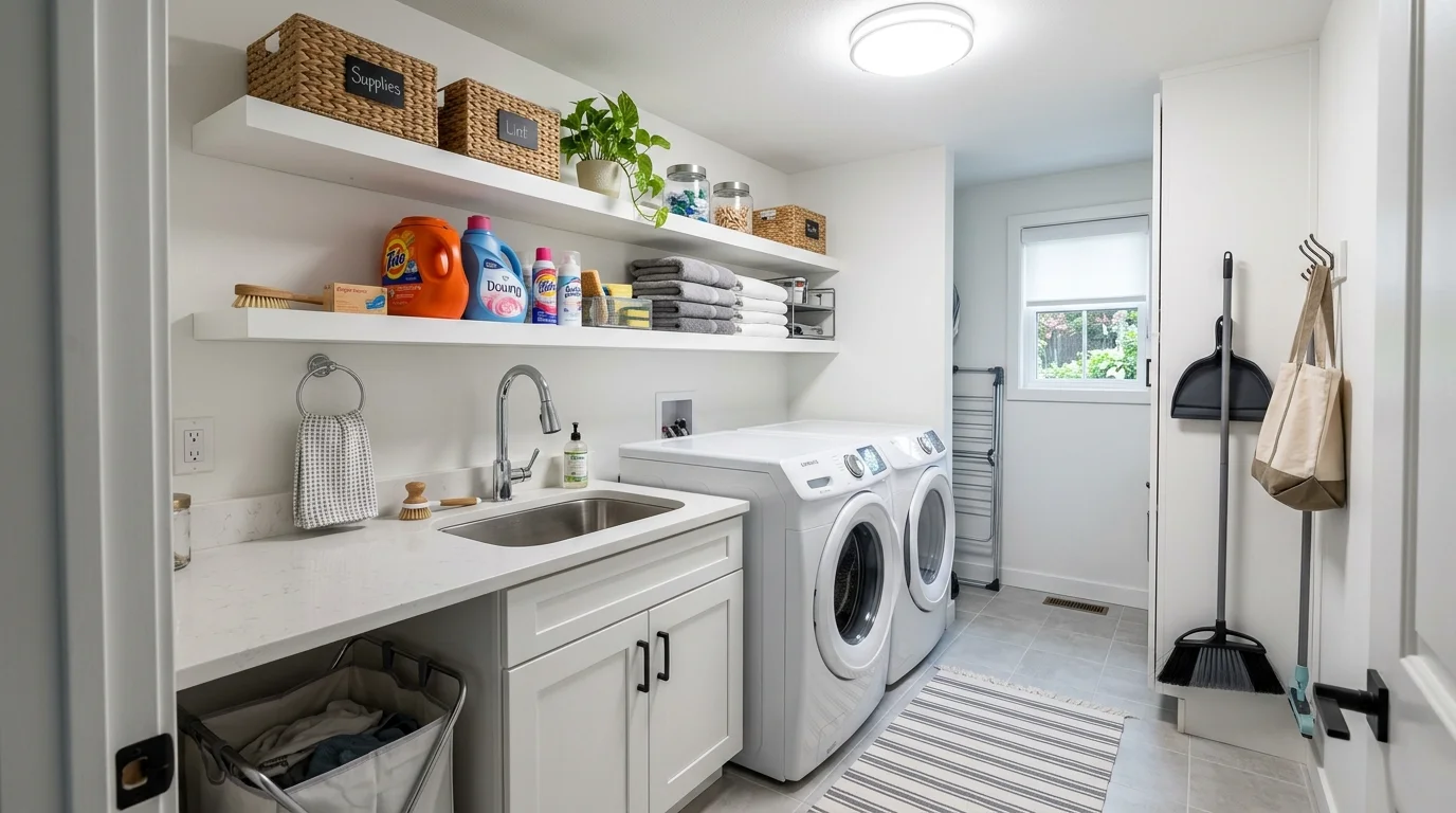 A small laundry room featuring a utility sink with storage underneath and shelves above bright lighting functional compact layout no people
