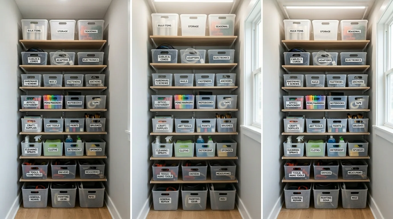 A vertical shelving unit filled with labeled bins and neatly arranged supplies bright lighting maximizing small space organization no people