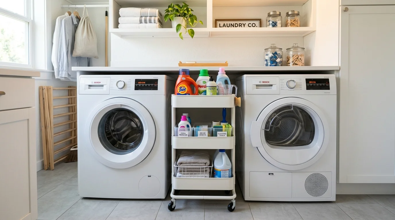 A laundry area with a rolling cart placed between machines holding detergents and tools bright lighting smart mobile storage solution no people