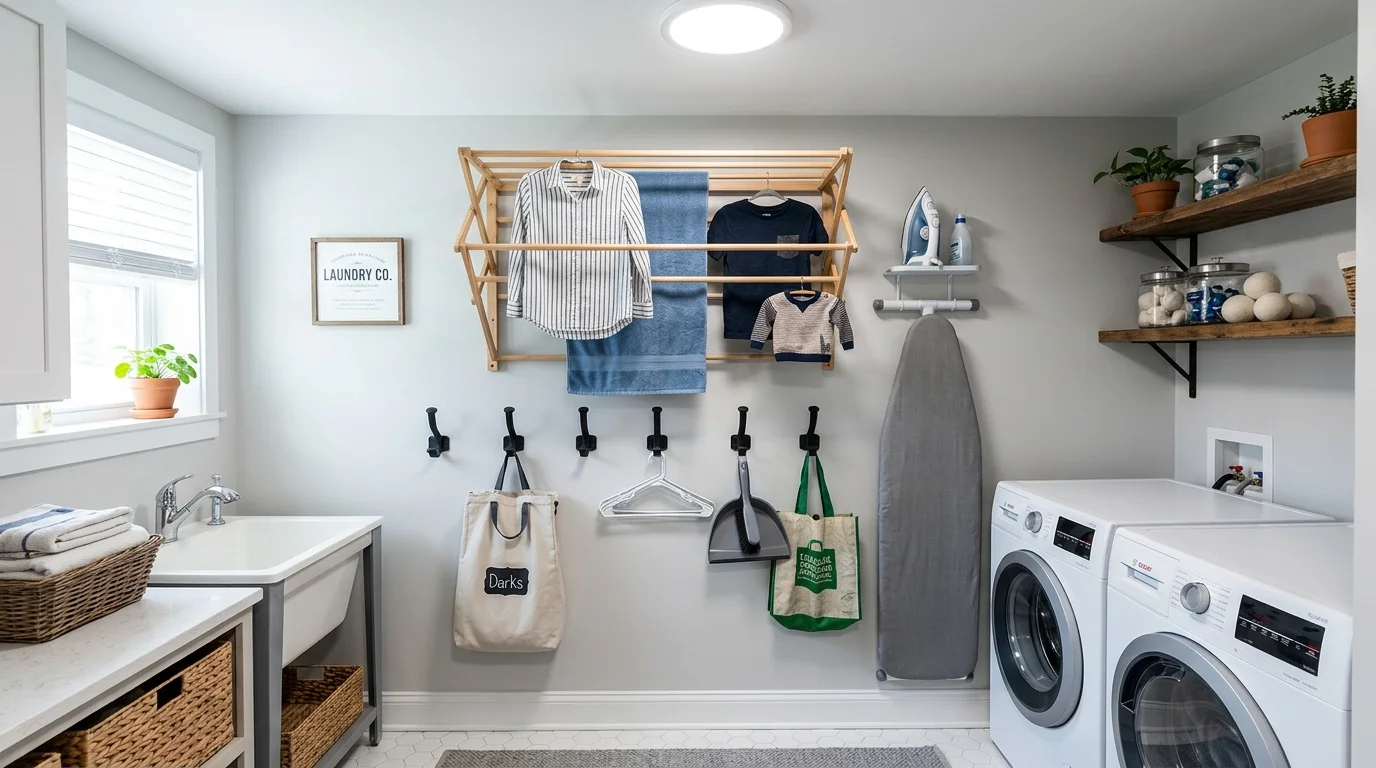 A small laundry room with hooks and racks mounted on the wall for hanging items bright lighting efficient use of wall space no people
