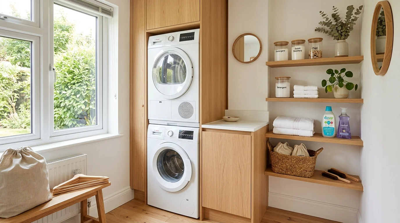 A corner laundry setup with stacked appliances and surrounding shelves bright natural light compact modern design no people