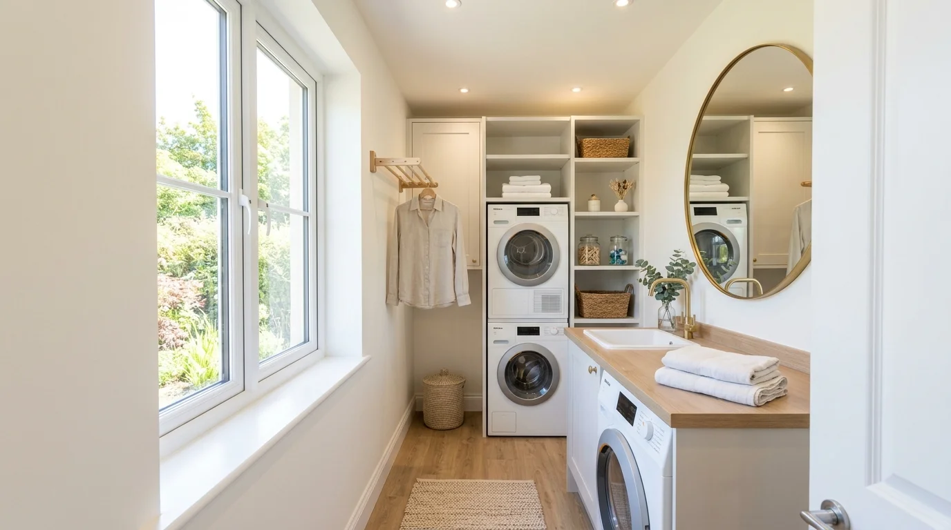 A small laundry room with light colors mirrors and minimal decor to create an illusion of space bright lighting airy open feel no people