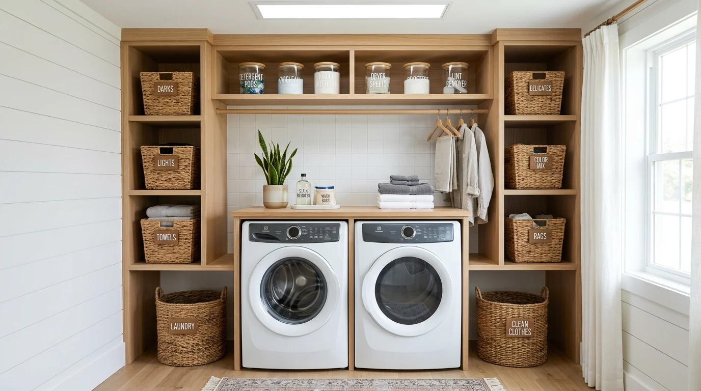 A well organized laundry space with everything neatly labeled and arranged symmetrically bright lighting visually pleasing compact design no people