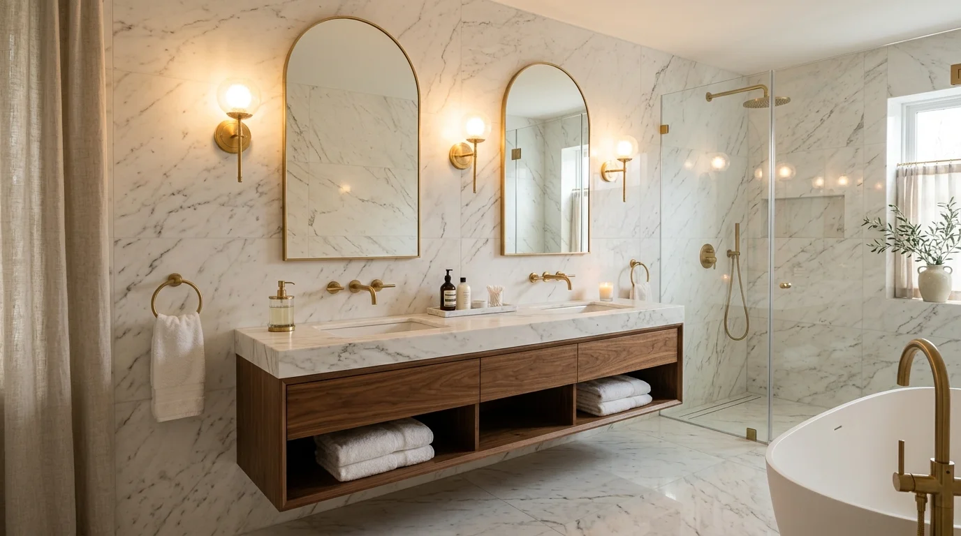 A bathroom with marble walls and flooring paired with a sleek double vanity and gold fixtures soft ambient lighting elegant high end design no people