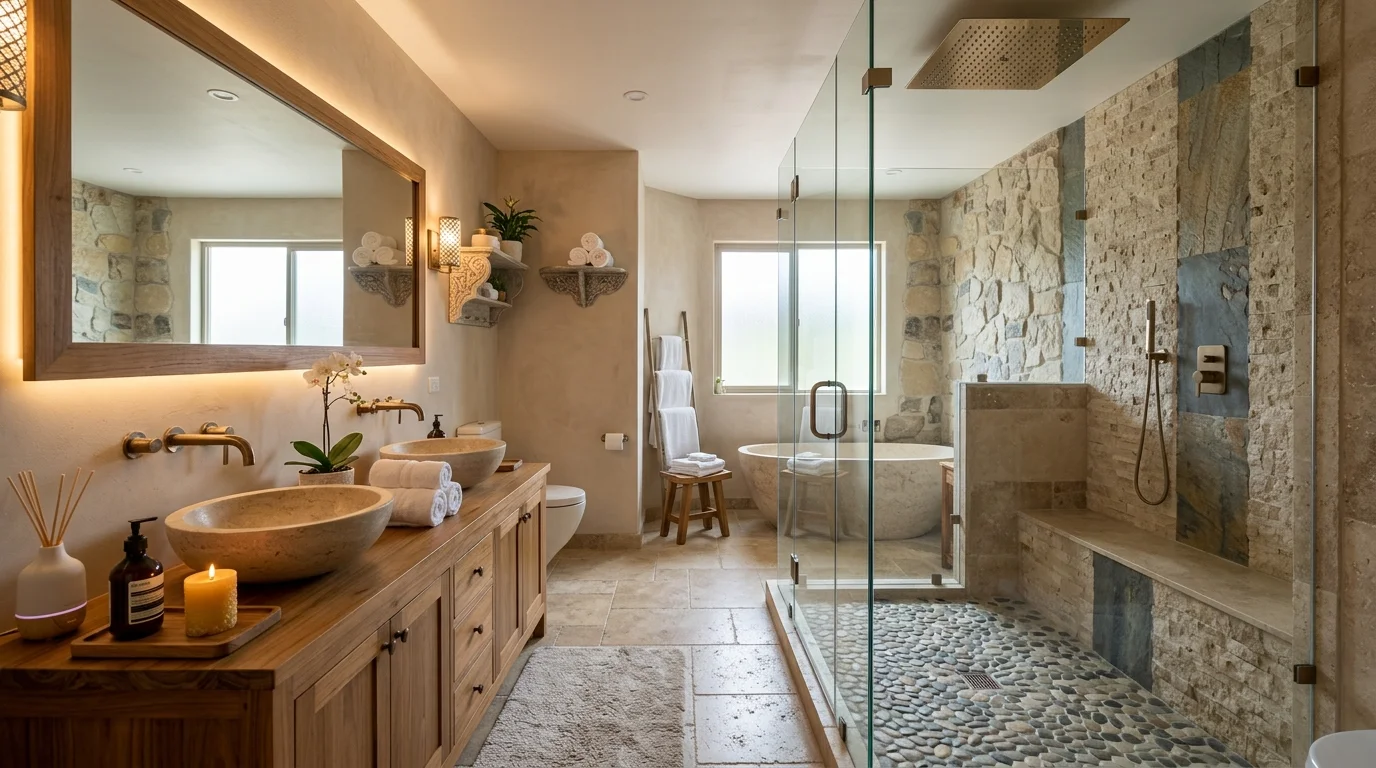 A spa inspired bathroom with a walk in glass shower rainfall showerhead and stone accents soft lighting calming retreat feel no people