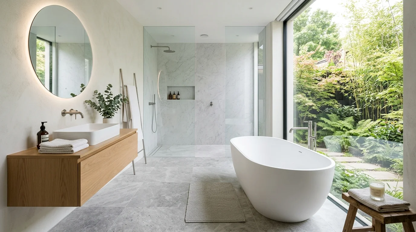 A minimalist bathroom with clean lines neutral tones and high quality materials bright natural light refined spa aesthetic no people