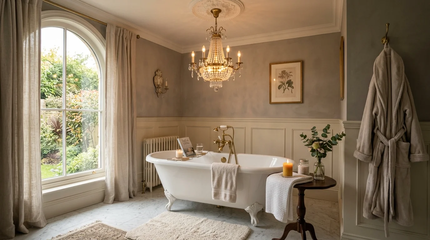 A bathroom with a freestanding tub under a chandelier soft warm lighting luxurious relaxing ambiance no people