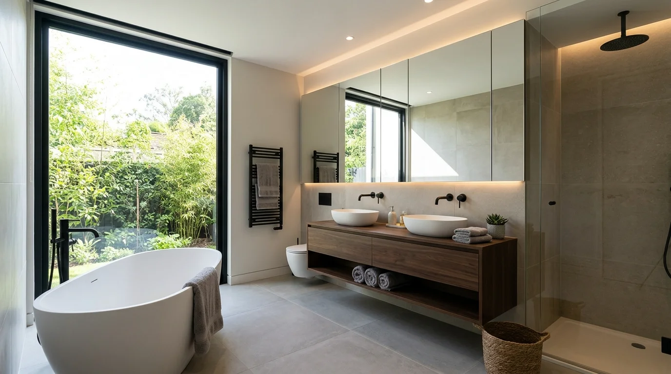 A modern bathroom with matte finishes large mirrors and subtle lighting bright natural daylight sleek elegant design no people
