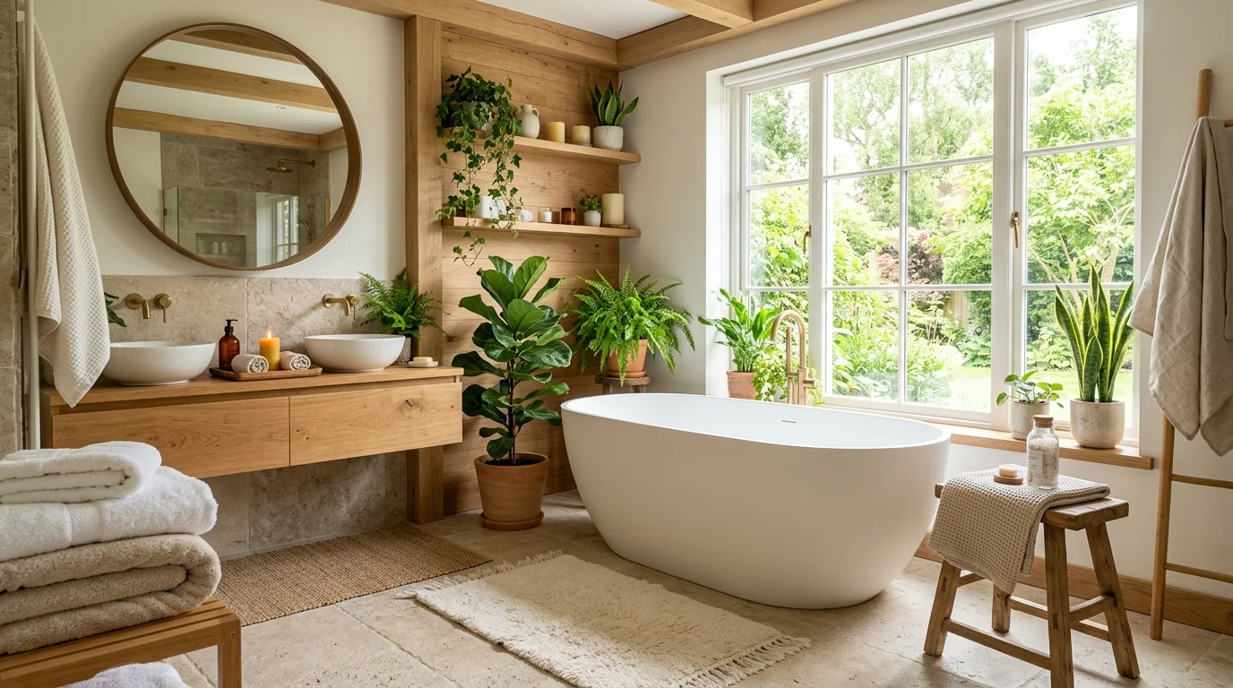 A bathroom with wood accents greenery and soft textiles bright natural light balanced spa like environment no people