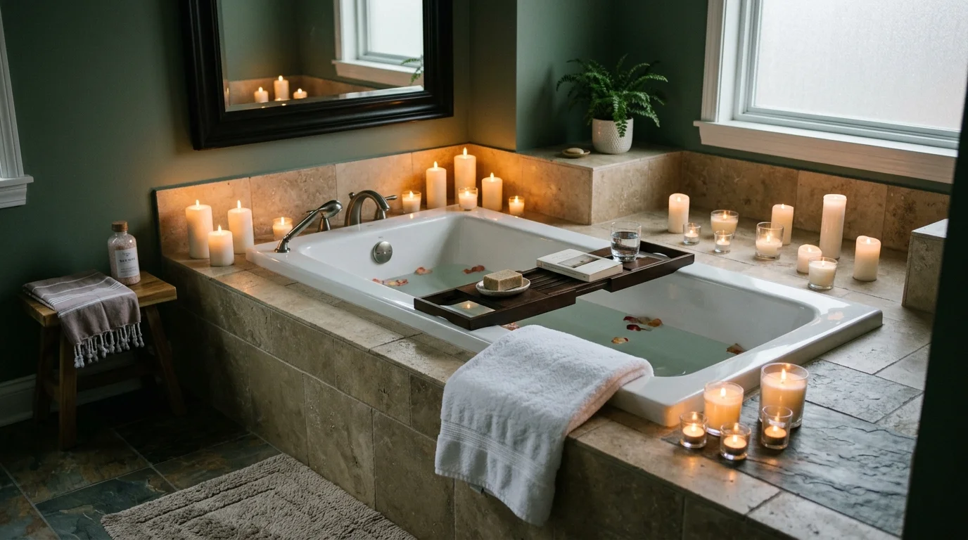 A bathroom with a built in tub surrounded by candles and soft lighting creating a tranquil soaking experience no people