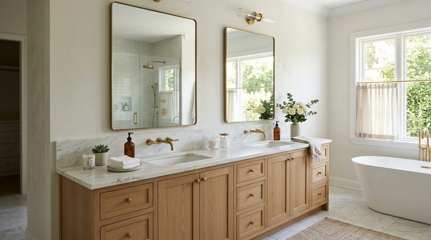 A double vanity bathroom with large mirrors reflecting natural light bright airy luxurious space no people