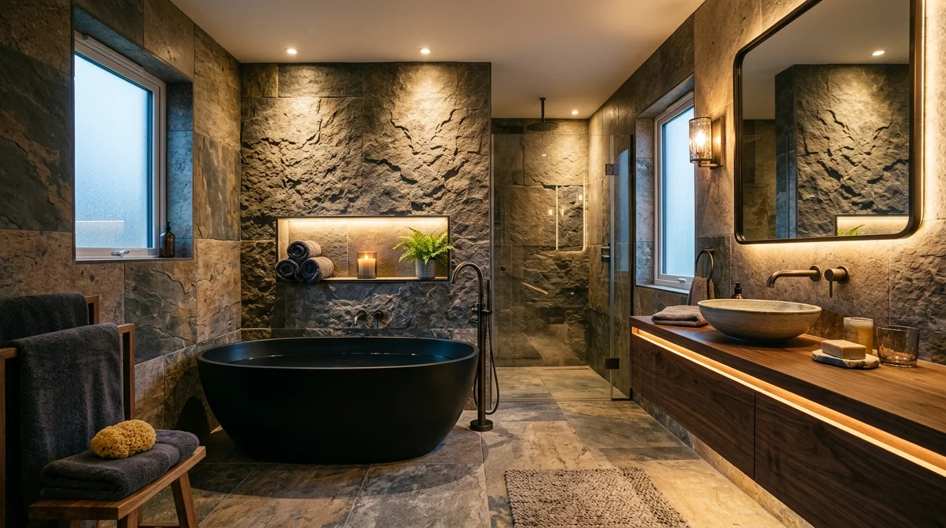 A bathroom with textured stone tiles and warm lighting creating depth and sophistication no people