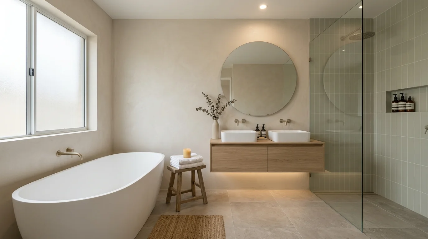 A spa like bathroom with neutral tones soft lighting and minimal decor creating a peaceful retreat no people
