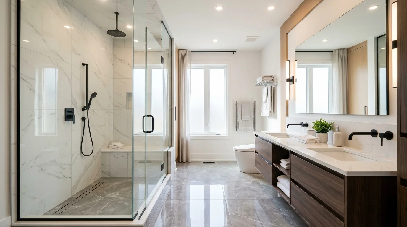 A bathroom with a glass enclosed shower and elegant fixtures bright lighting modern upscale design no people