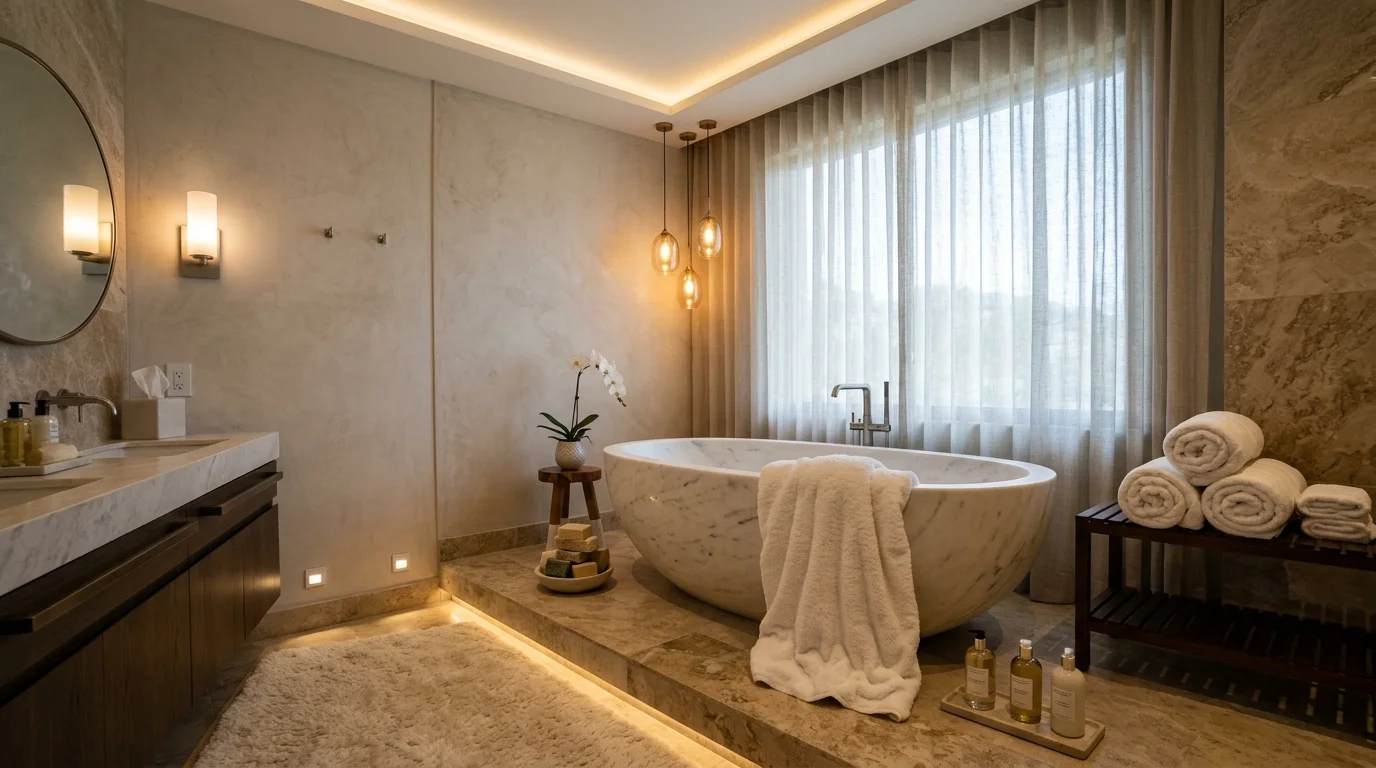 A luxurious bathroom with layered lighting plush towels and subtle decor soft warm lighting inviting spa experience