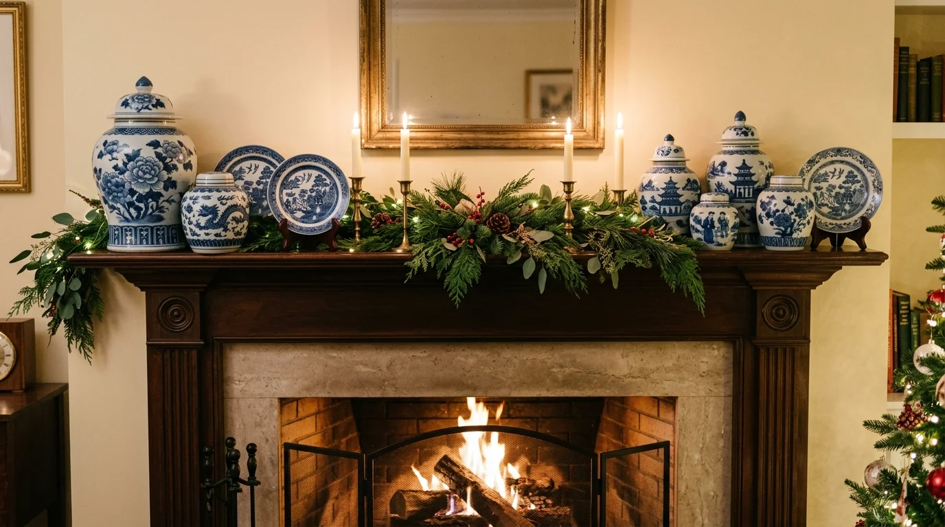 A mantel styled with assorted Chinese porcelain jars and plates paired with subtle Christmas greenery and candles soft ambient lighting refined festive look no people