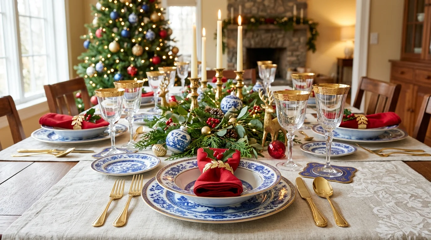 A dining setup with porcelain dishware in classic blue patterns paired with red napkins and gold accents bright lighting unique holiday table design no people