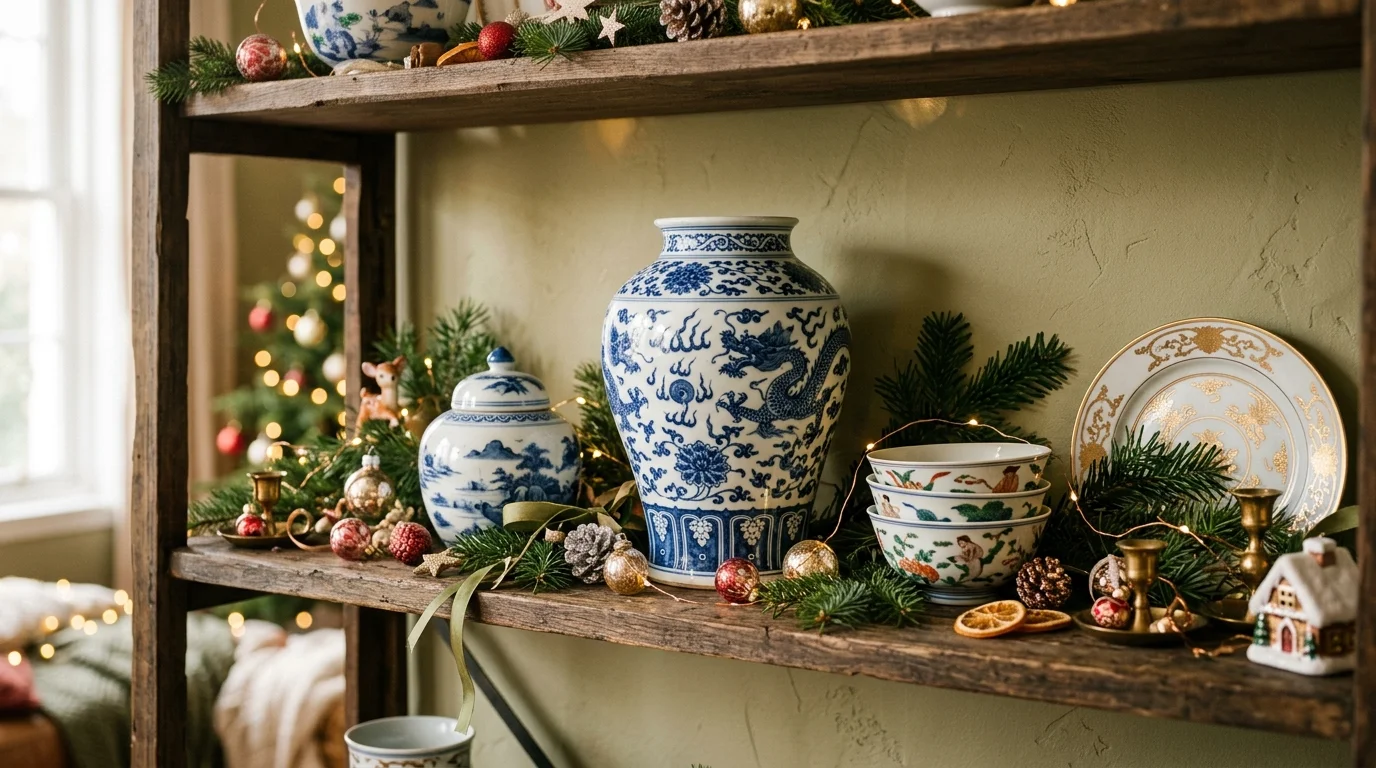 A shelf display of Chinese porcelain pieces mixed with small Christmas ornaments and greenery soft lighting artistic cultural holiday blend no people