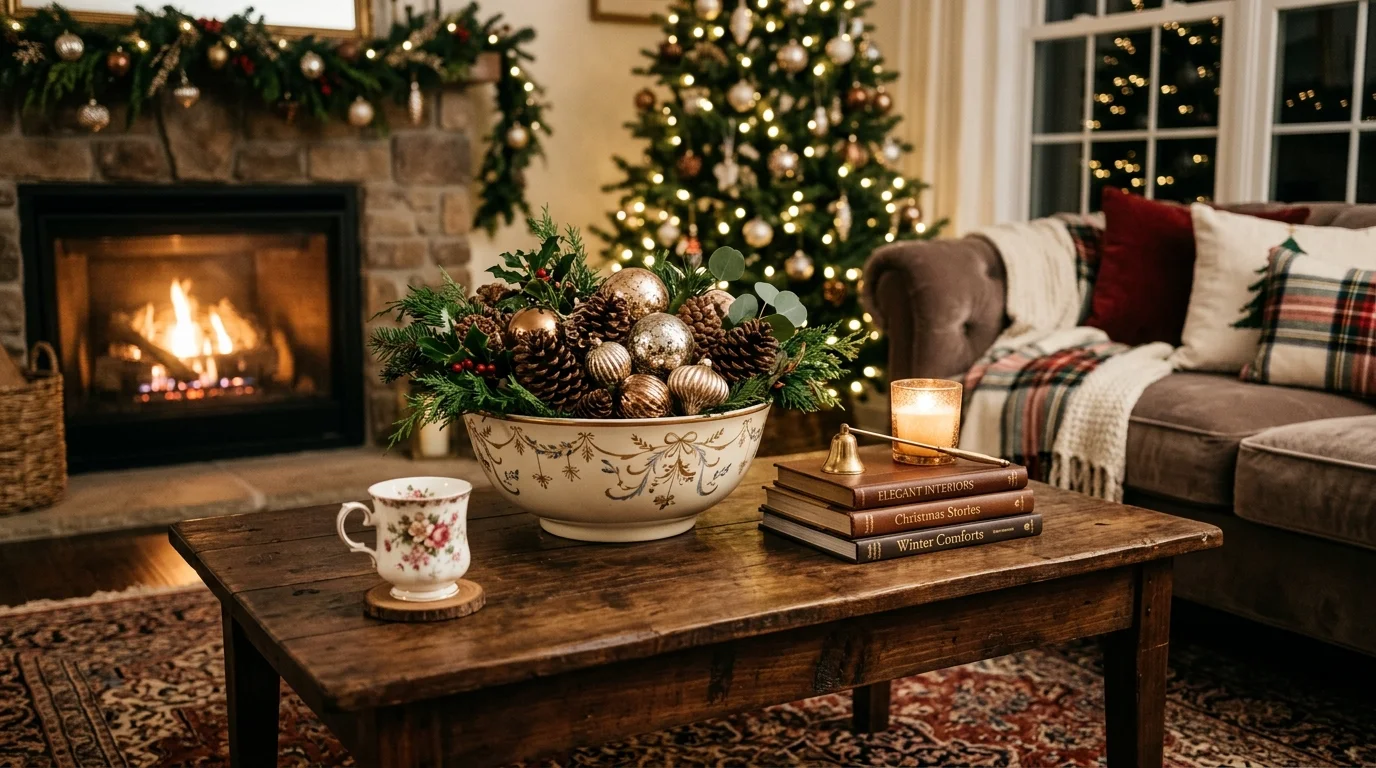 A coffee table styled with a porcelain bowl filled with ornaments pinecones and greenery warm soft lighting cozy elegant Christmas decor no people