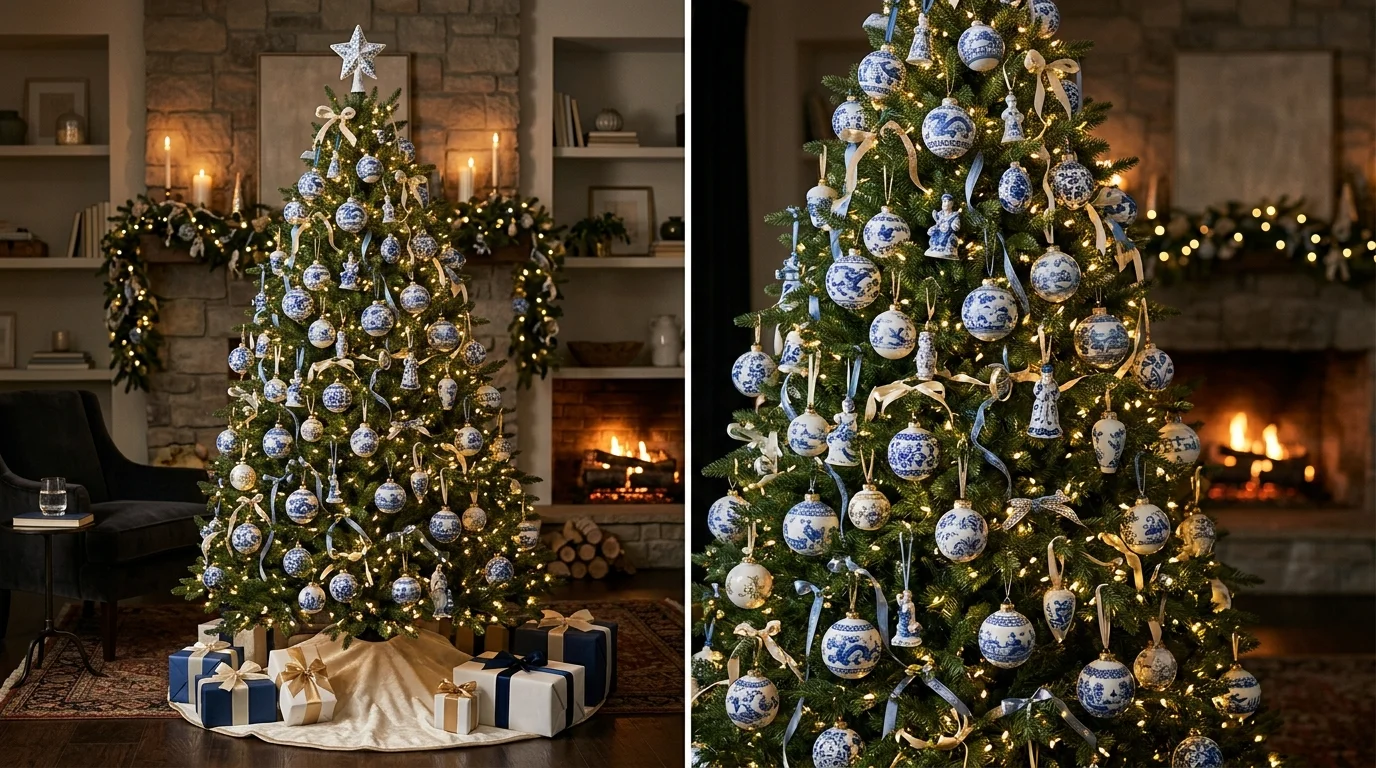A Christmas tree decorated with porcelain inspired ornaments in blue and white tones paired with warm lights soft lighting sophisticated festive theme no people