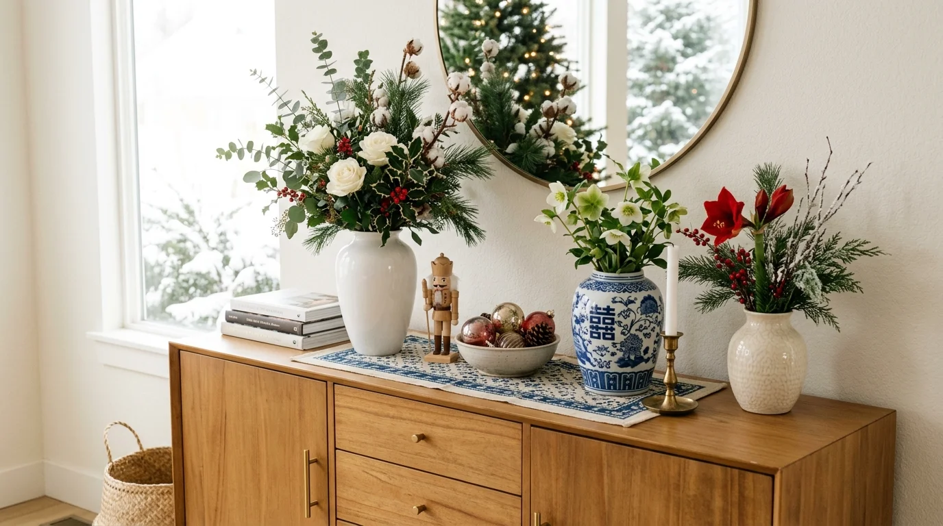 A sideboard featuring porcelain vases with winter florals and subtle holiday accents bright natural daylight balanced cultural styling no people