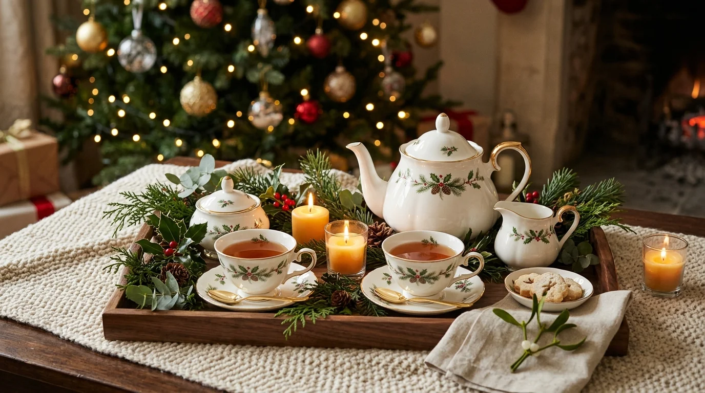 A porcelain tea set displayed on a tray with greenery and candles soft warm lighting cozy refined holiday vignette no people