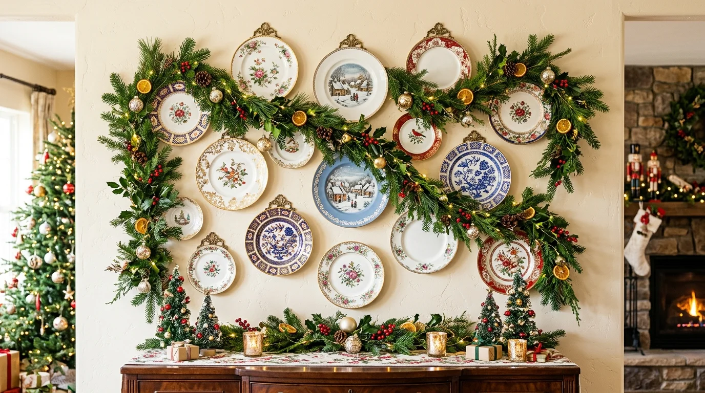 A wall display with decorative porcelain plates arranged alongside holiday garlands bright lighting elegant artistic Christmas decor no people