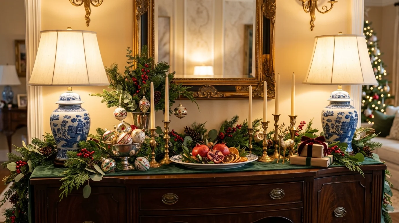 A console table styled with porcelain lamps greenery and festive accents warm lighting classic and unique holiday design no people