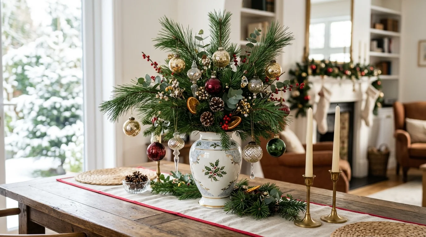 A centerpiece with a large porcelain vase filled with pine branches and ornaments bright natural daylight striking elegant Christmas statement no people