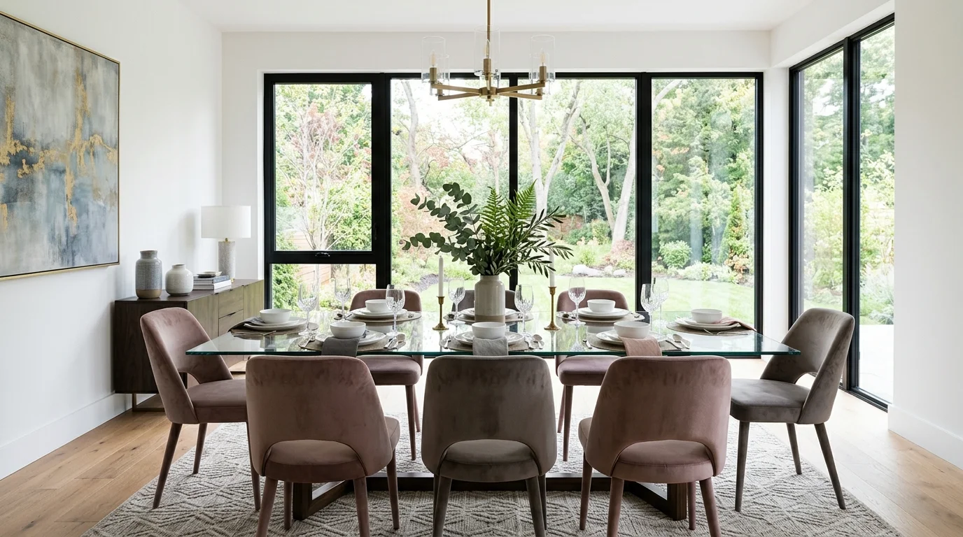 A modern dining room with a glass-top table, upholstered velvet chairs in muted tones, minimalist centerpiece with fresh greenery, large windows with natural daylight, clean and sophisticated aesthetic, straight-on shot, no people