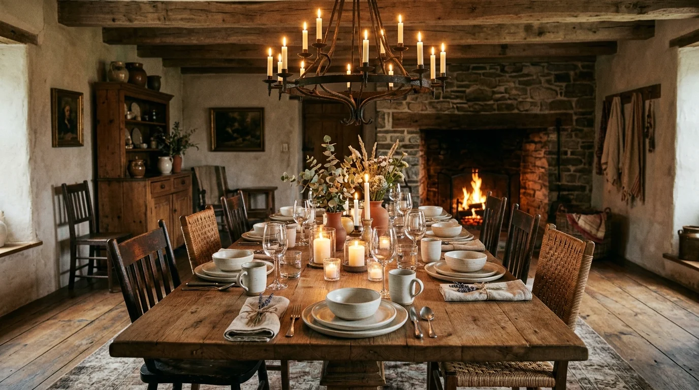 A rustic elegant dining space with a reclaimed wood table, wrought iron chandelier, linen napkins, and ceramic dishware, warm candlelight ambiance, cozy farmhouse style, slightly angled view, no people