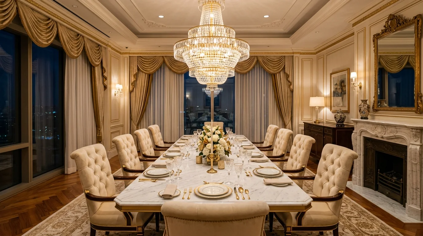 A luxury dining room with marble dining table, high-backed tufted chairs, gold accents, statement chandelier, soft warm lighting, refined hotel-like atmosphere, centered composition, no people