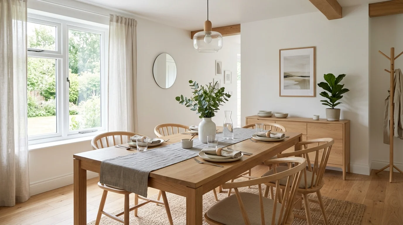A Scandinavian-inspired dining room with light wood furniture, white walls, simple table setting, minimal decor, airy natural lighting, calm and functional elegance, eye-level wide shot, no people