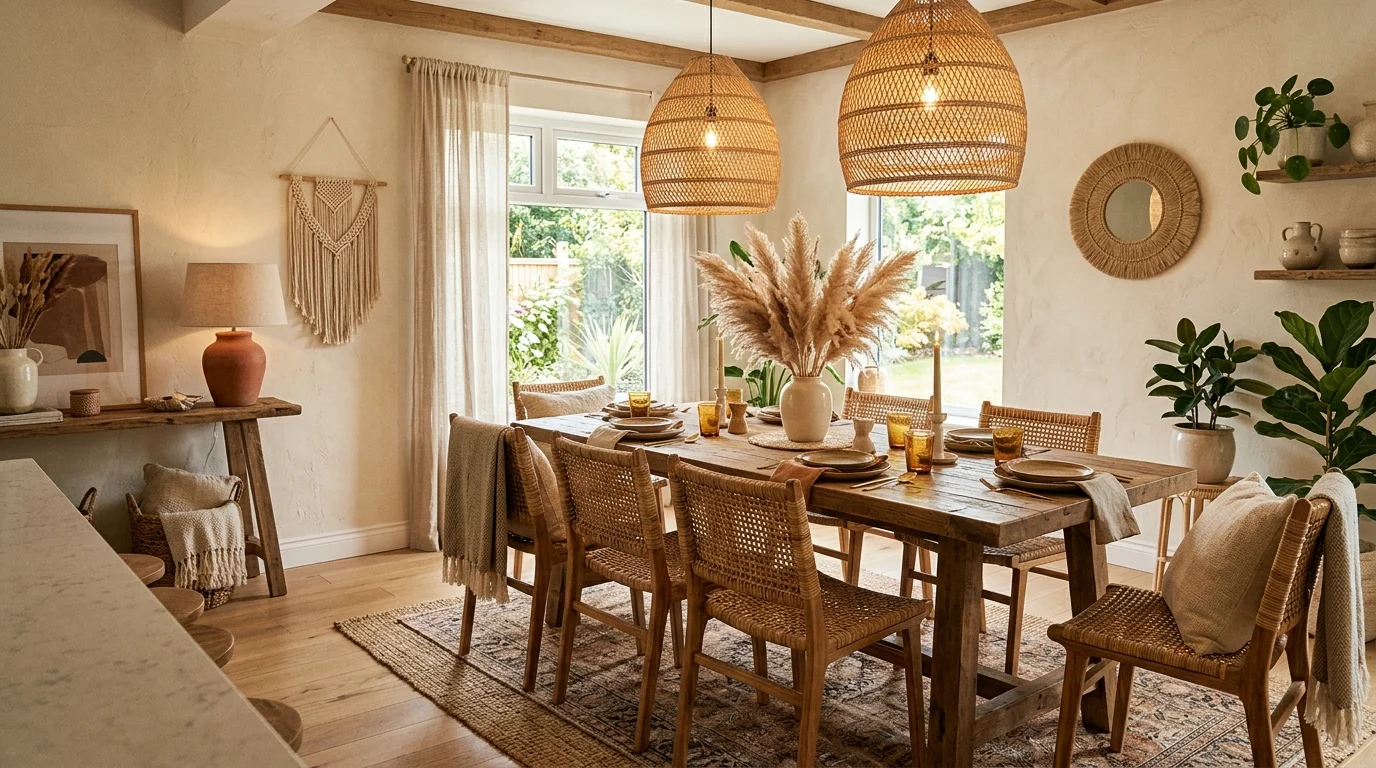 A boho-elegant dining room with woven chairs, layered textiles, rattan pendant lights, earthy tones, pampas grass centerpiece, soft warm lighting, relaxed stylish mood, angled composition, no people